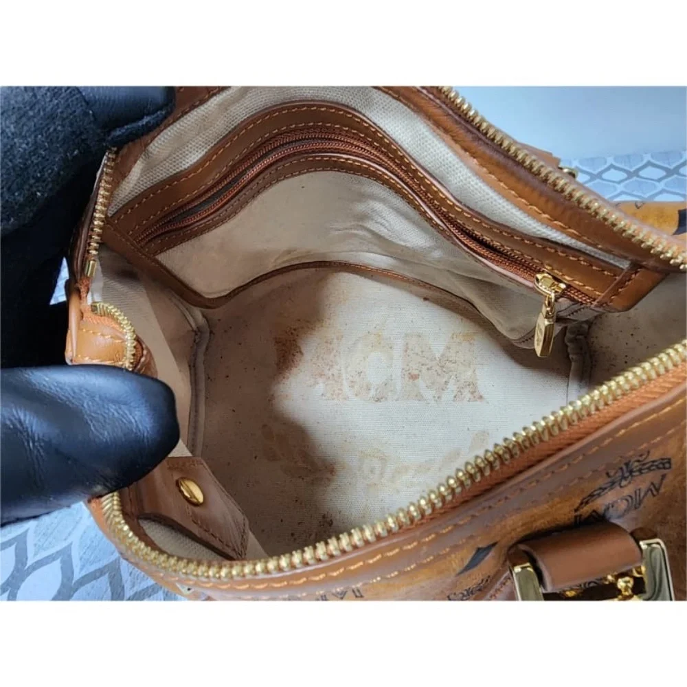 Authentic MCM Visetos Essential Boston Dog Bone Bag Cognac - Picture 6 of 11